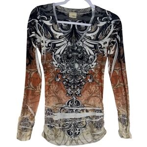 Daytrip Womens Long Sleeve Baroque Rhinestone Graphic Top Orange Grey Small